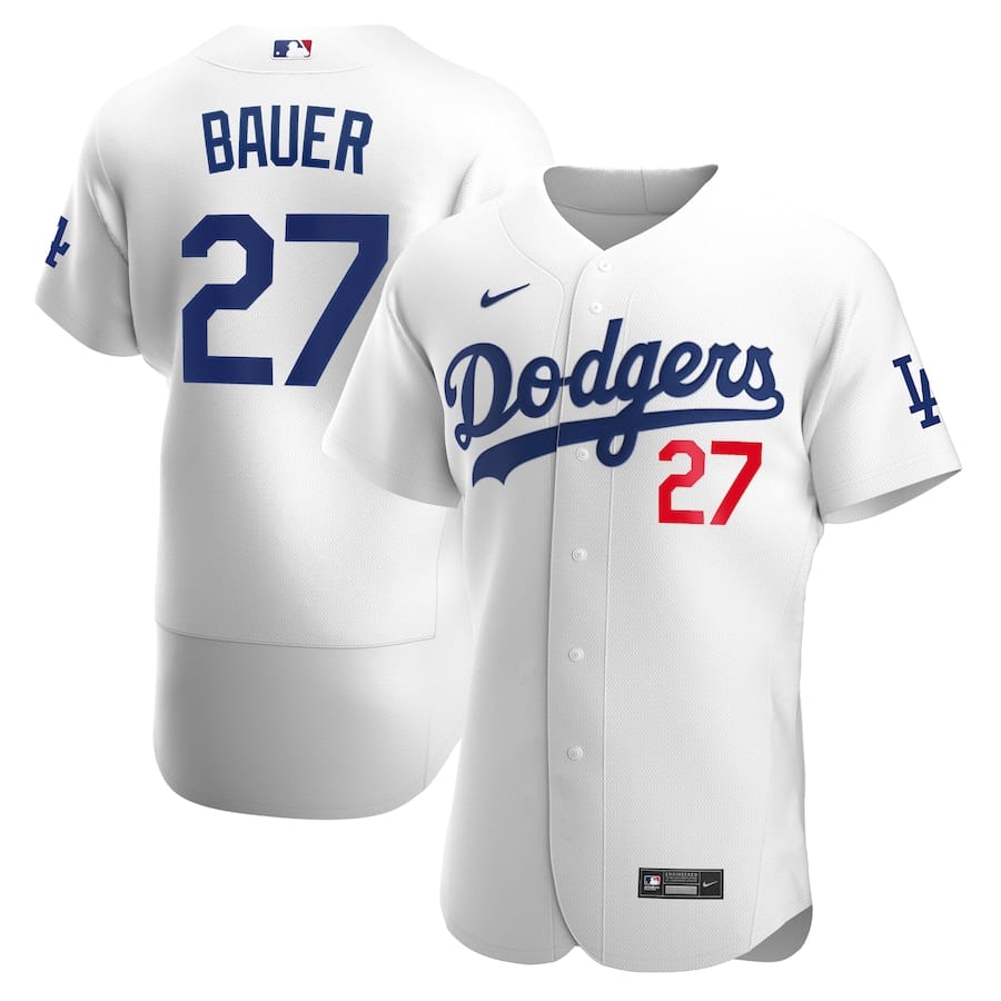 Men's Los Angeles Dodgers #27 Trevor Bauer White MLB flex base Sttiched Jersey